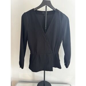 J.Crew Black Wrap Blouse XXS Long Sleeve Peplum V-Neck‎ Silky Top Minimalist